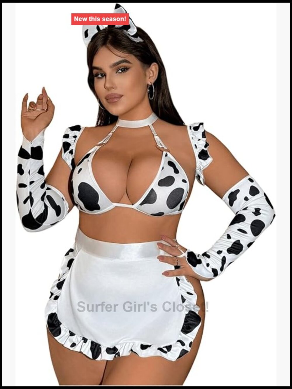 Plus Size Cow Print Costume Lingerie Set 7 Piece Ruffle Trim Choker Apron